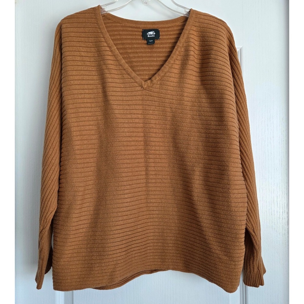 Roots Caramel V-Neck Long Sleeve Rib Knit Pullover Sweater Sz S Organic Cotton